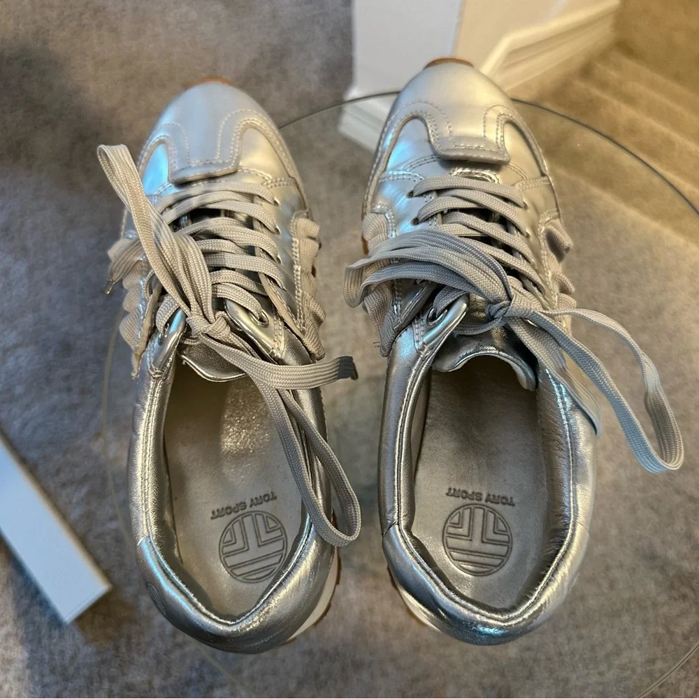 Tory Burch Sport Women's Ruffle Trainer Leather Lace Up Sneakers in Silver